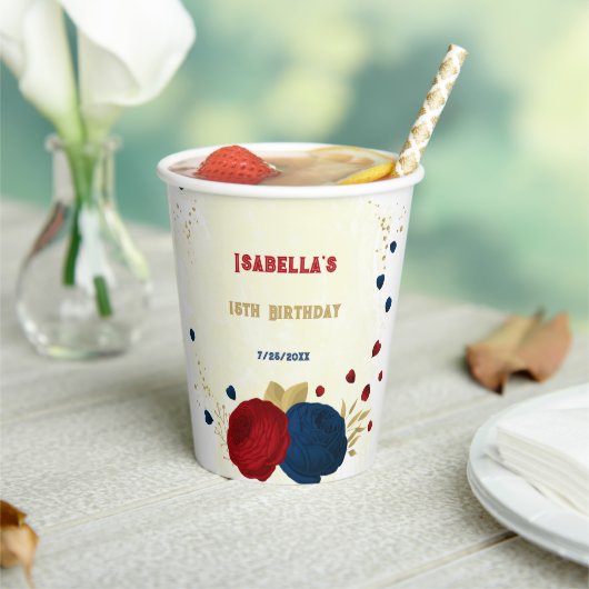 Romantische dunkelrote und marineblaue Blumen Gold Pappbecher (In Situ)