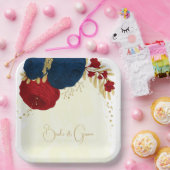 Romantische dunkelrote und marineblaue Blumen Gold Pappteller (Party)