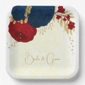 Romantische dunkelrote und marineblaue Blumen Gold Pappteller (Vorderseite)