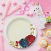 Romantische dunkelrote und marineblaue Blumen Gold Pappteller (Party)