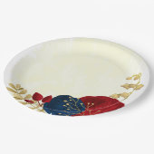 Romantische dunkelrote und marineblaue Blumen Gold Pappteller (Schrägansicht)