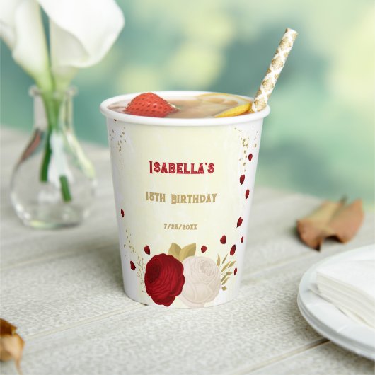 Romantische dunkelrote und weiße Blume Gold Pappbecher (In Situ)