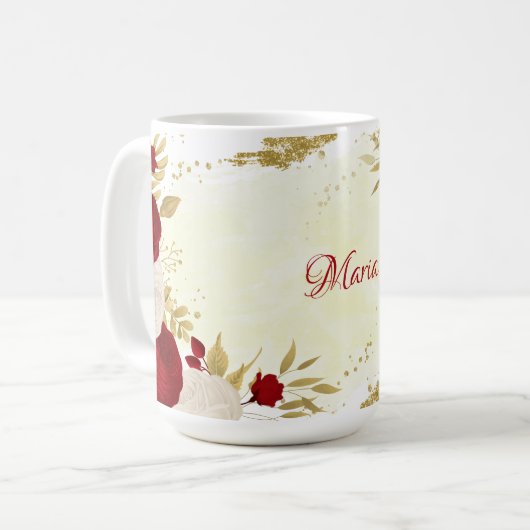 Romantische dunkelrote und weiße Blume Hochzeit Kaffeetasse (Vorderseite Links)