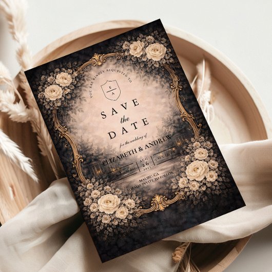Romantische dunkle Barock-Hochzeit Save The Date