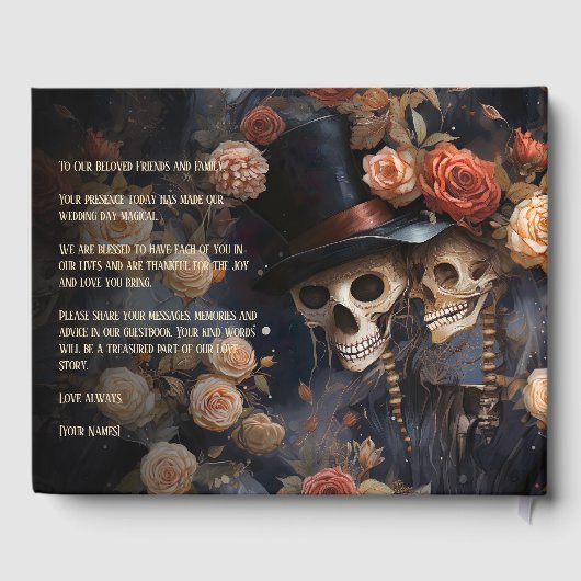 Romantische dunkle Flora Kissing Skulls Gothic Wed Gästebuch (Rückseite)