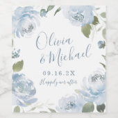 Romantische Dusty Blue Aquarell Blumennamen Weinetikett (Einzelnes Label)
