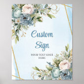 Romantische Dusty Blue Floral Gold Rahmen Hochzeit Poster (Vorne)