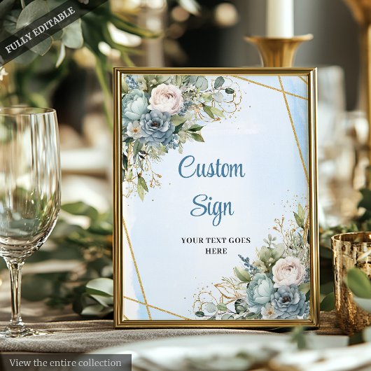 Romantische Dusty Blue Floral Gold Rahmen Hochzeit Poster