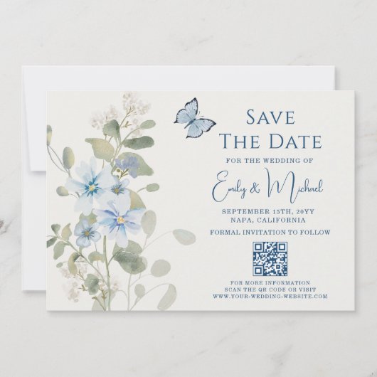 Romantische Dusty Blue Floral QR Code Hochzeit Save The Date (Vorderseite)