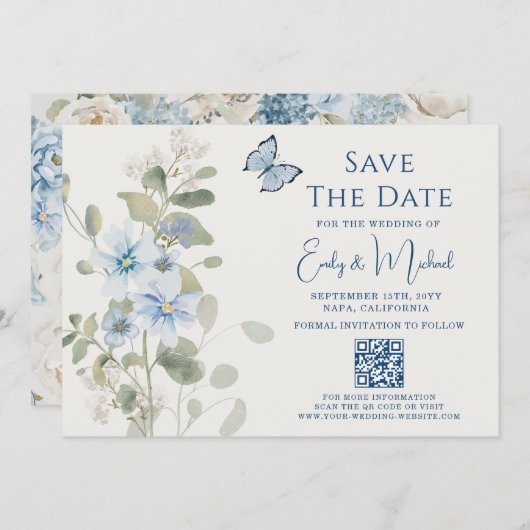 Romantische Dusty Blue Floral QR Code Hochzeit Save The Date (Vorne/Hinten)