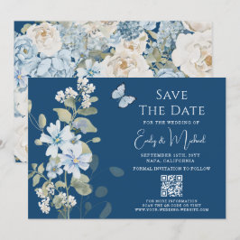 Romantische Dusty Blue Floral QR Code Hochzeit Save The Date