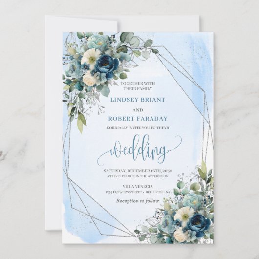 Romantische Dusty Blue Silver Wedding Einladungska Einladung (Vorderseite)