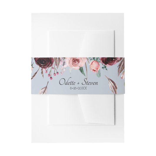 Romantische Dusty Blue und Burgund Blume Hochzeit Einladungsbanderole (Vorderseite Beispiel)