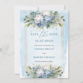 Romantische Dusty Blue White Gold Peonies Rett Dat Einladung (Vorderseite)