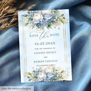 Romantische Dusty Blue White Gold Peonies Rett Dat Einladung