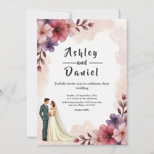 Romantische dusty Blumenbraut und Groom Chic Hochz Einladung (Vorderseite)