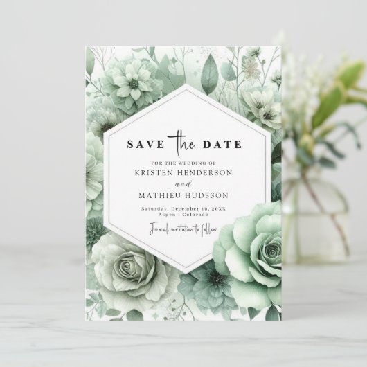 Romantische Einzigartige Blumenfeier Grüne Hochzei Save The Date (Stehend Vorderseite)