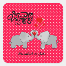 Romantische Elefanten & rote Herzen auf Polka-Punk Quadratischer Aufkleber