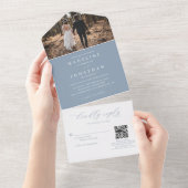 Romantische Elegant Dusty Blue Foto QR Code Weddin All In One Einladung (Abreißen)