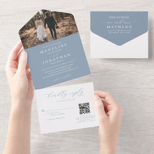 Romantische Elegant Dusty Blue Foto QR Code Weddin All In One Einladung