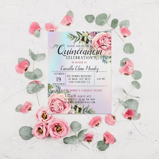 Romantische Elegant Floral Quinceñera Einladung