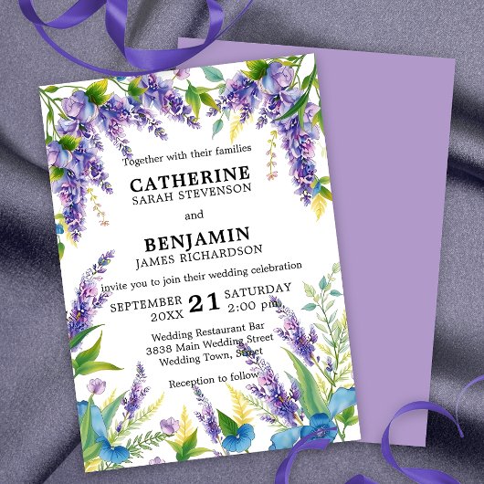 Romantische Elegant Lila und Blue Wisteria Wedding Einladung