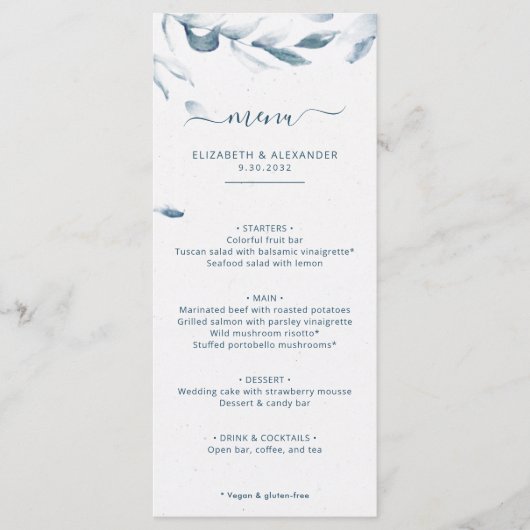 Romantische elegante blaue Wasserfarbe einfache Ho Menükarte (Vorderseite)