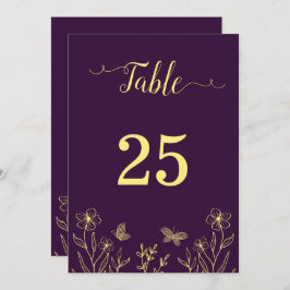 Romantische elegante Blume aus Gold lila Tischnumm Einladung