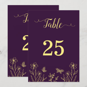 Romantische elegante Blume aus Gold lila Tischnumm Einladung