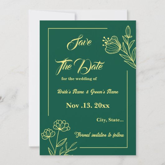 Romantische, elegante Blume smaragdgrüne Hochzeit Save The Date (Vorderseite)