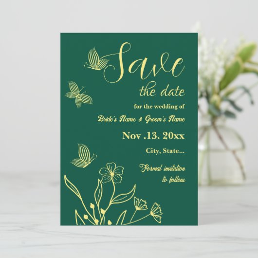 Romantische, elegante Blume smaragdgrüne Hochzeit Save The Date (Stehend Vorderseite)