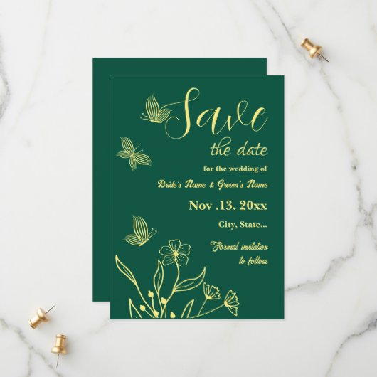 Romantische, elegante Blume smaragdgrüne Hochzeit Save The Date (Vorderseite/Rückseite Beispiel)
