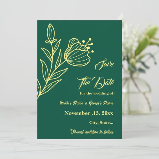 Romantische, elegante Blume smaragdgrüne Hochzeit Save The Date (Stehend Vorderseite)