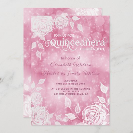 Romantische elegante Bucht Weiße Rosen Quinceañera Einladung (Vorne/Hinten)
