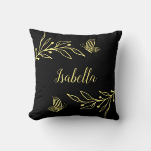 Romantische elegante goldene Blume schwarz Kissen
