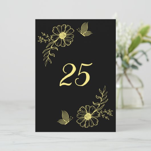 Romantische elegante goldene Blume schwarze Tischn Einladung (Stehend Vorderseite)