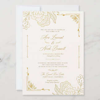 Romantische elegante goldene Blumenhochzeits-Einla