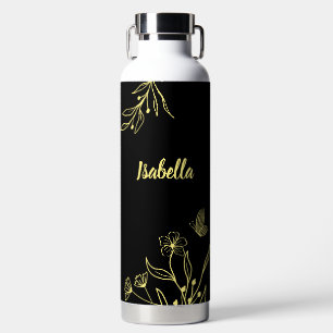 Romantische elegante goldene Blüten schwarz Trinkflasche