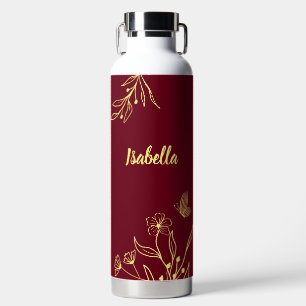 Romantische elegante goldene florale bordeauxrote  trinkflasche
