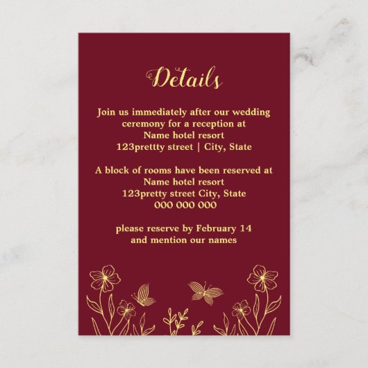 Romantische elegante Goldschmetterlinge bordeauxro Begleitkarte (Vorderseite)