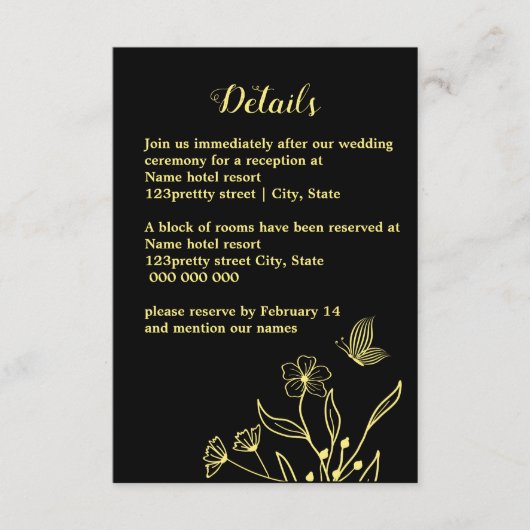 Romantische elegante Goldschmetterlinge schwarze H Begleitkarte (Vorderseite)