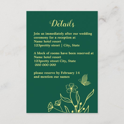 Romantische elegante Goldschmetterlinge smaragdgrü Begleitkarte (Vorderseite)