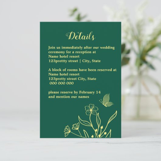 Romantische elegante Goldschmetterlinge smaragdgrü Begleitkarte (Stehend Vorderseite)