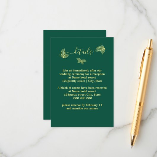 Romantische elegante Goldschmetterlinge smaragdgrü Begleitkarte (Vorderseite/Rückseite Beispiel)