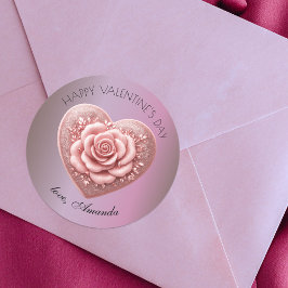 Romantische Elegante Herz-Rose Metallische Valenti Runder Aufkleber