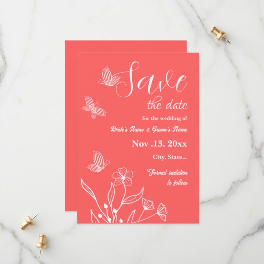 Romantische elegante Korallenhochzeit, rosa Blumen Save The Date (Vorderseite/Rückseite Beispiel)