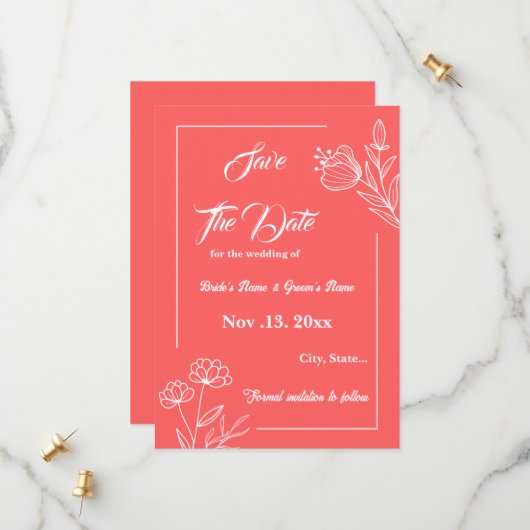 Romantische elegante Korallenhochzeit, rosa Blumen Save The Date (Vorderseite/Rückseite Beispiel)