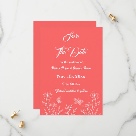 Romantische elegante Korallenhochzeit, rosa Blumen Save The Date (Vorderseite/Rückseite Beispiel)