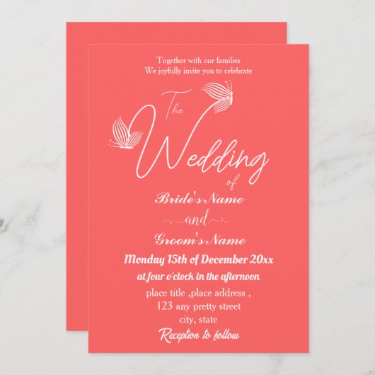 Romantische elegante Korallenschmetterlinge Hochze Einladung (Vorne/Hinten)