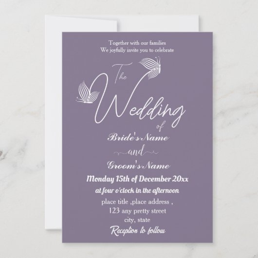 Romantische, elegante Mauve-Schmetterlinge Hochzei Einladung (Vorderseite)